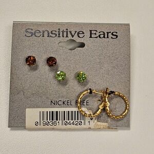 NEW Sensitive Ears Nickel Free Crystal Stud Hoop Earrings Set of Three Gold Tone